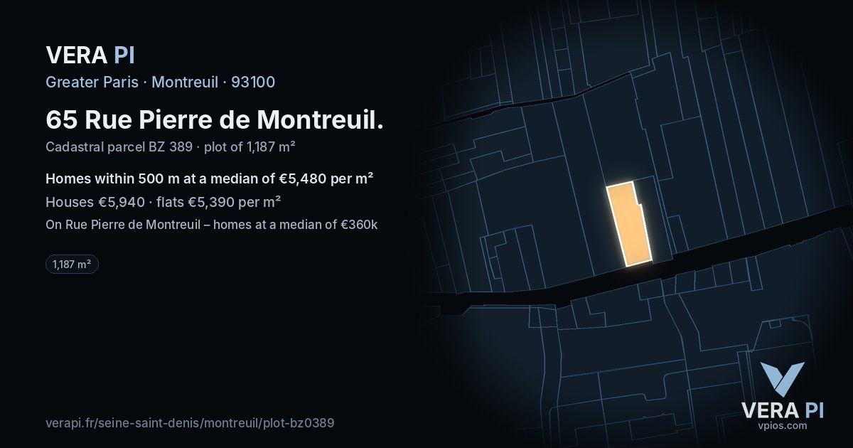65 Rue Pierre de Montreuil, Montreuil at night – the plot lit, the parcels around coloured by the prices near them