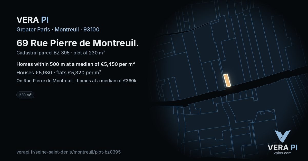 69 Rue Pierre de Montreuil, Montreuil at night – the plot lit, the parcels around coloured by the prices near them