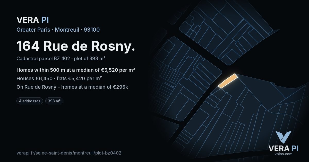 164 Rue de Rosny, Montreuil at night – the plot lit, the parcels around coloured by the prices near them
