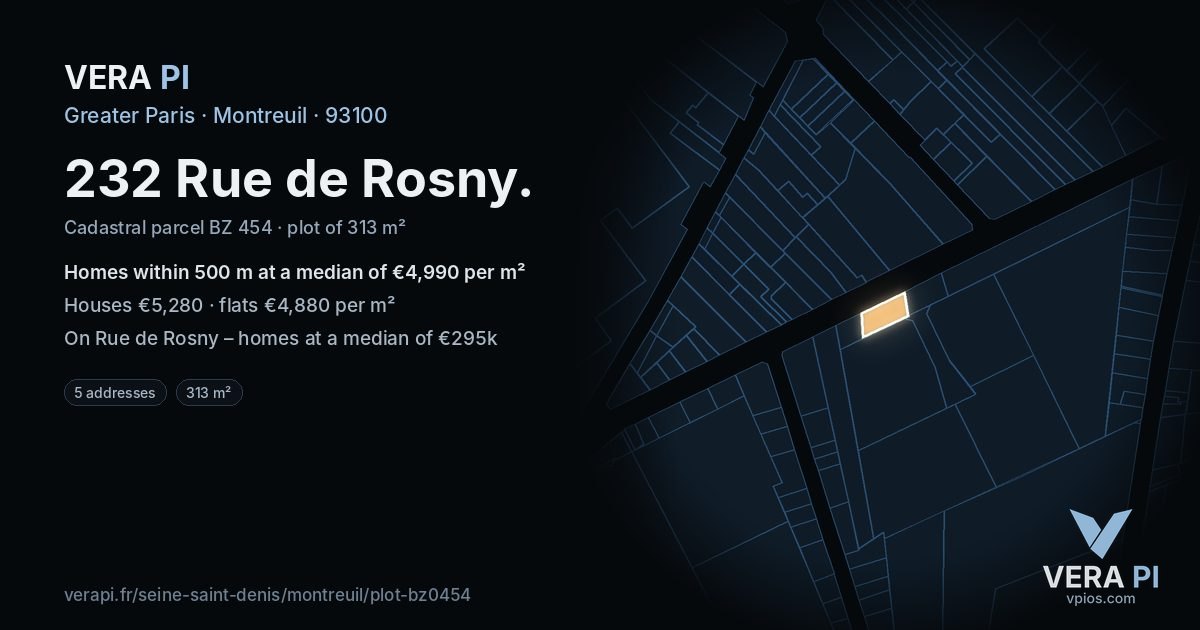 232 Rue de Rosny, Montreuil at night – the plot lit, the parcels around coloured by the prices near them