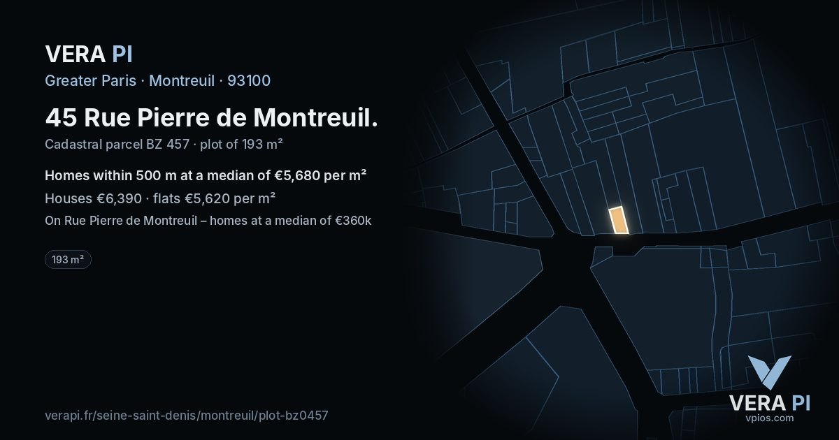 45 Rue Pierre de Montreuil, Montreuil at night – the plot lit, the parcels around coloured by the prices near them