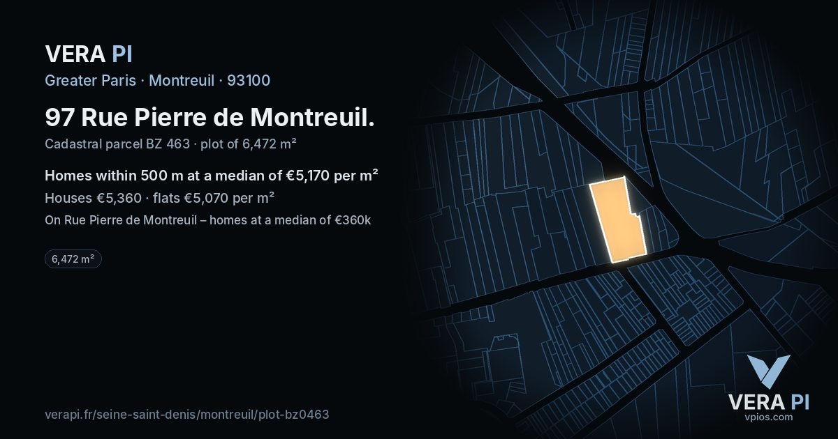 97 Rue Pierre de Montreuil, Montreuil at night – the plot lit, the parcels around coloured by the prices near them