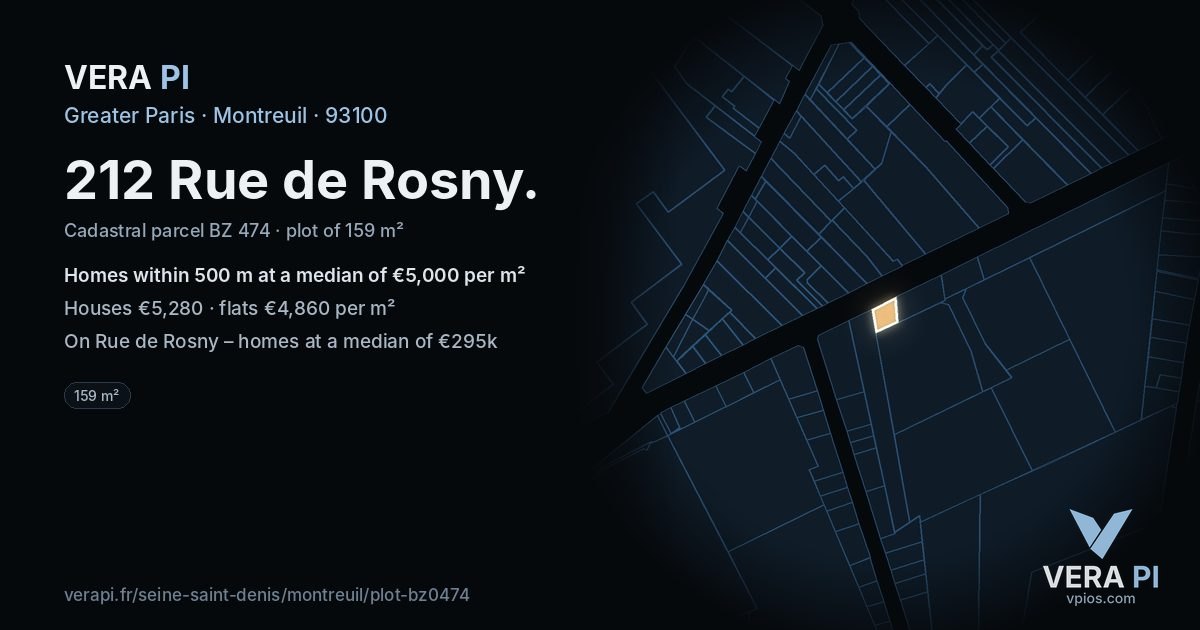 212 Rue de Rosny, Montreuil at night – the plot lit, the parcels around coloured by the prices near them