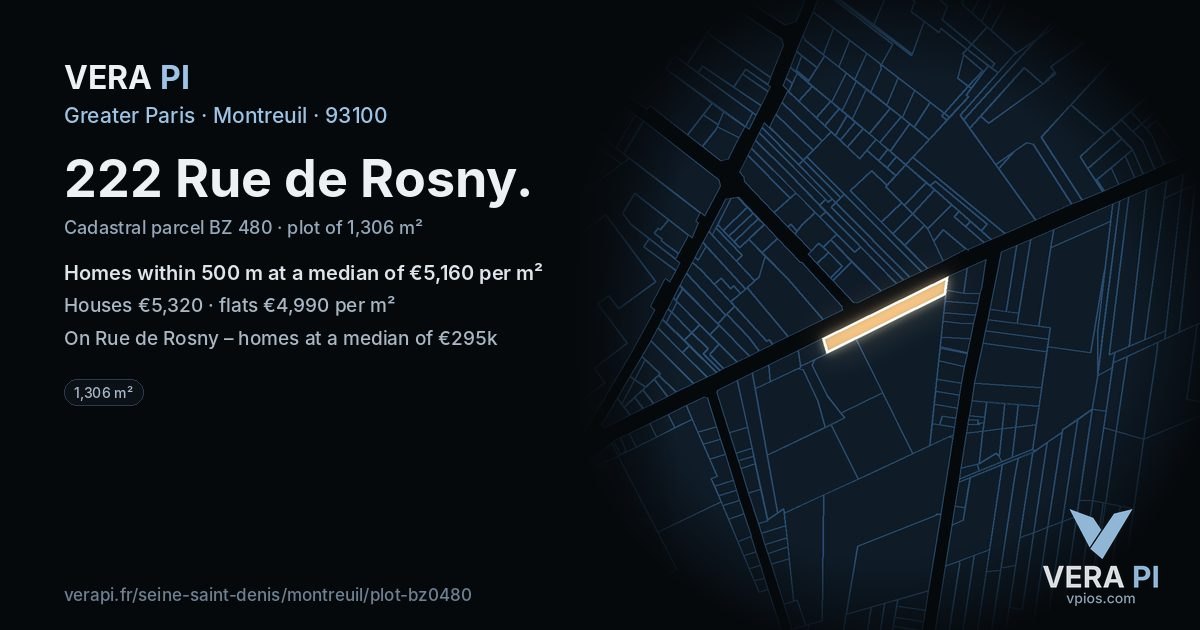 222 Rue de Rosny, Montreuil at night – the plot lit, the parcels around coloured by the prices near them