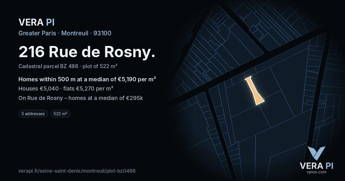 216 Rue de Rosny, Montreuil at night – the plot lit, the parcels around coloured by the prices near them
