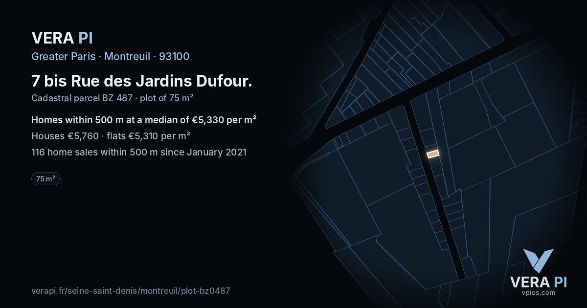 7 bis Rue des Jardins Dufour, Montreuil at night – the plot lit, the parcels around coloured by the prices near them
