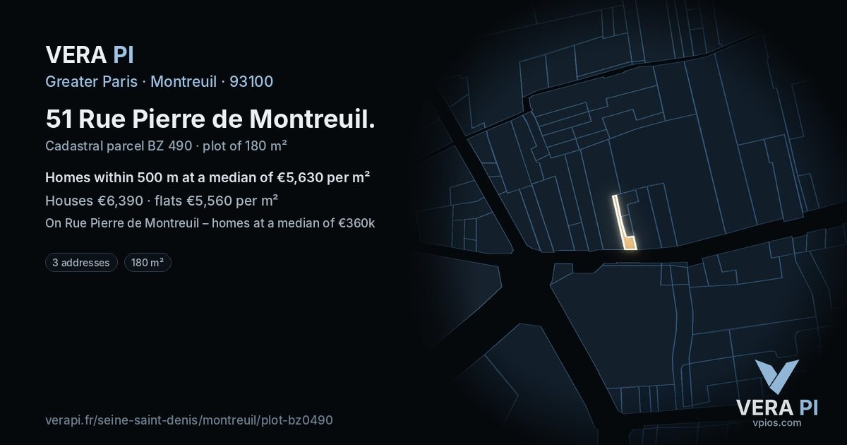 51 Rue Pierre de Montreuil, Montreuil at night – the plot lit, the parcels around coloured by the prices near them