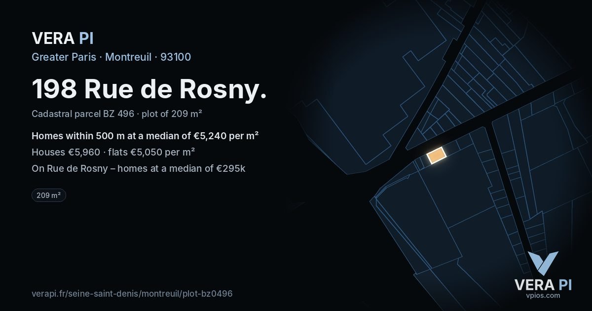 198 Rue de Rosny, Montreuil at night – the plot lit, the parcels around coloured by the prices near them
