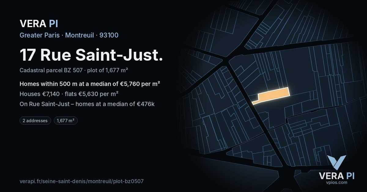 17 Rue Saint-Just, Montreuil at night – the plot lit, the parcels around coloured by the prices near them