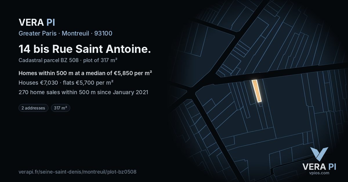 14 bis Rue Saint Antoine, Montreuil at night – the plot lit, the parcels around coloured by the prices near them