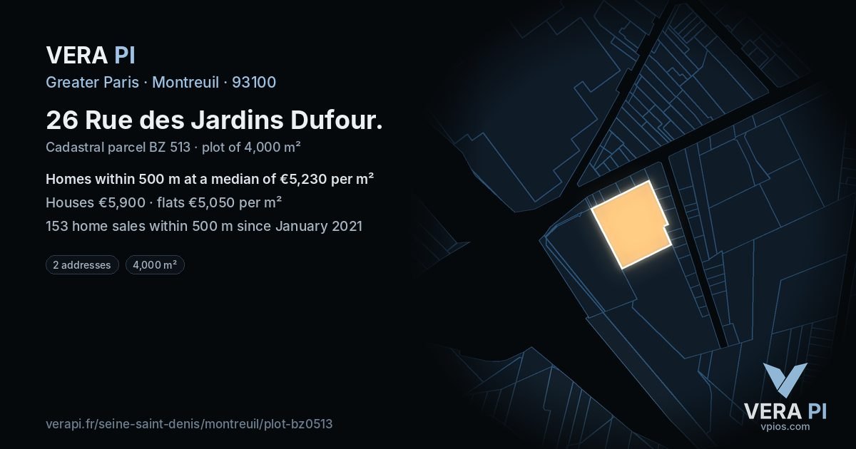 26 Rue des Jardins Dufour, Montreuil at night – the plot lit, the parcels around coloured by the prices near them