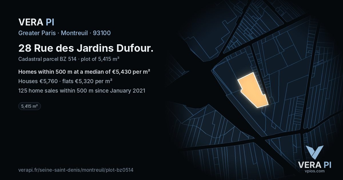 28 Rue des Jardins Dufour, Montreuil at night – the plot lit, the parcels around coloured by the prices near them