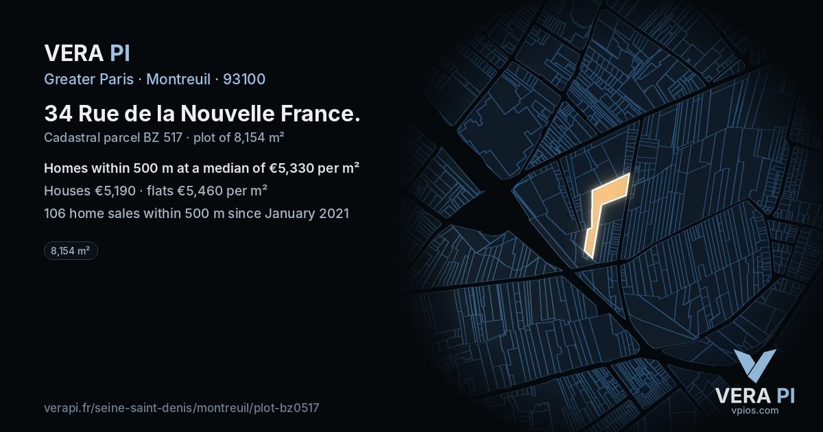 34 Rue de la Nouvelle France, Montreuil at night – the plot lit, the parcels around coloured by the prices near them