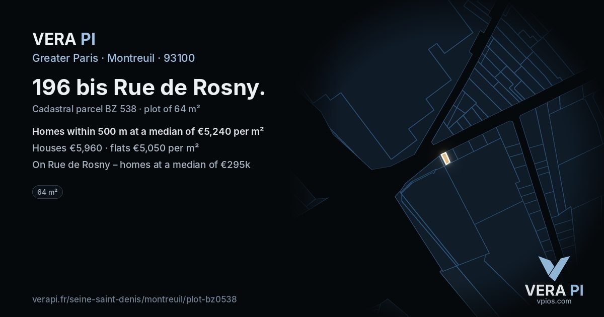 196 bis Rue de Rosny, Montreuil at night – the plot lit, the parcels around coloured by the prices near them