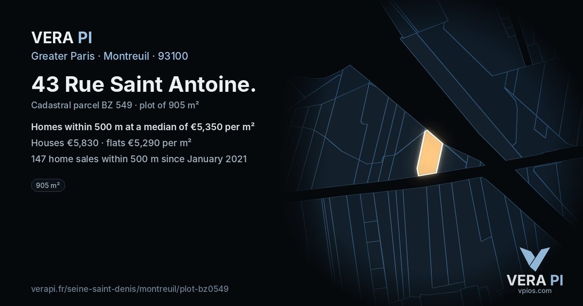 43 Rue Saint Antoine, Montreuil at night – the plot lit, the parcels around coloured by the prices near them