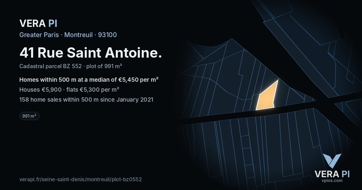41 Rue Saint Antoine, Montreuil at night – the plot lit, the parcels around coloured by the prices near them