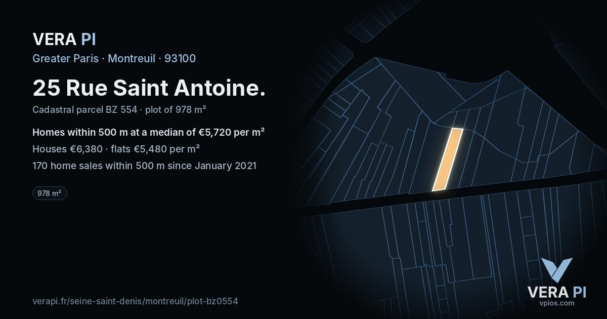 25 Rue Saint Antoine, Montreuil at night – the plot lit, the parcels around coloured by the prices near them
