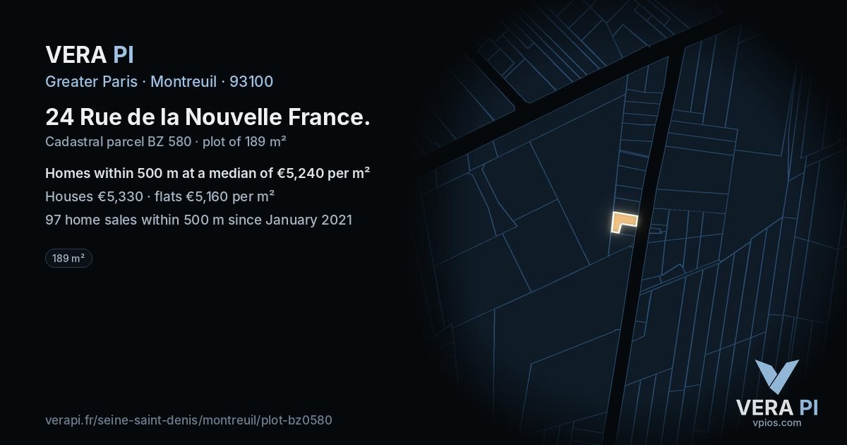 24 Rue de la Nouvelle France, Montreuil at night – the plot lit, the parcels around coloured by the prices near them