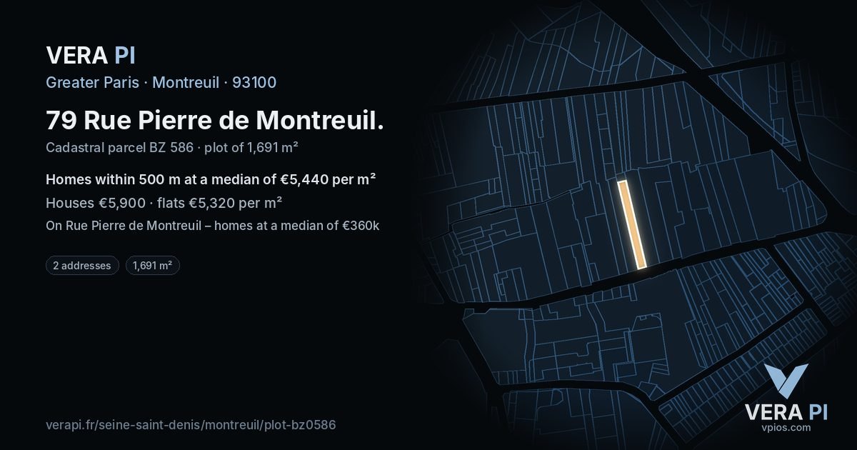 79 Rue Pierre de Montreuil, Montreuil at night – the plot lit, the parcels around coloured by the prices near them