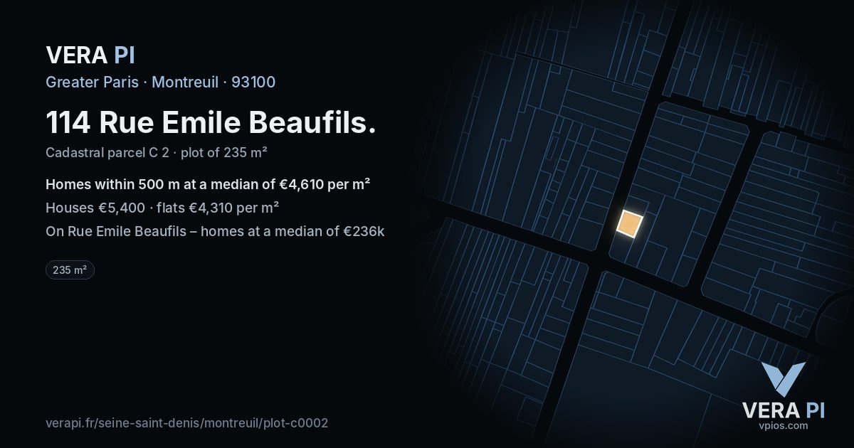 114 Rue Emile Beaufils, Montreuil at night – the plot lit, the parcels around coloured by the prices near them