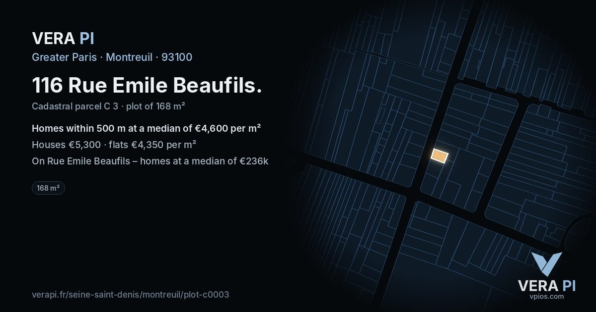 116 Rue Emile Beaufils, Montreuil at night – the plot lit, the parcels around coloured by the prices near them