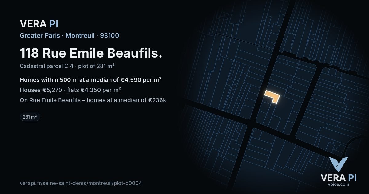 118 Rue Emile Beaufils, Montreuil at night – the plot lit, the parcels around coloured by the prices near them