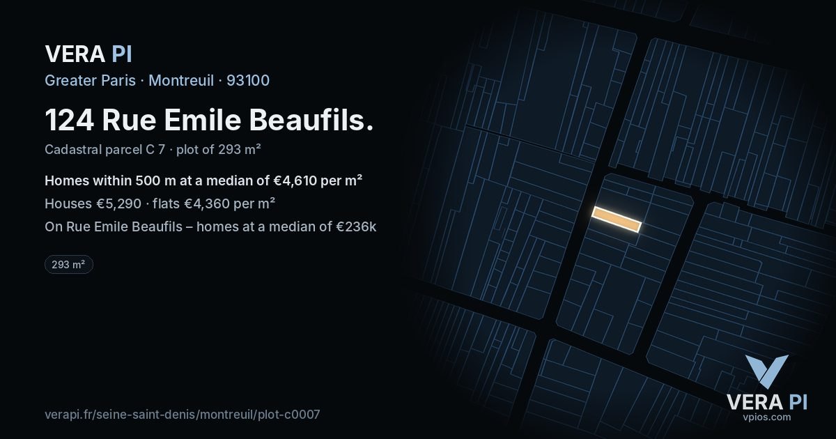 124 Rue Emile Beaufils, Montreuil at night – the plot lit, the parcels around coloured by the prices near them