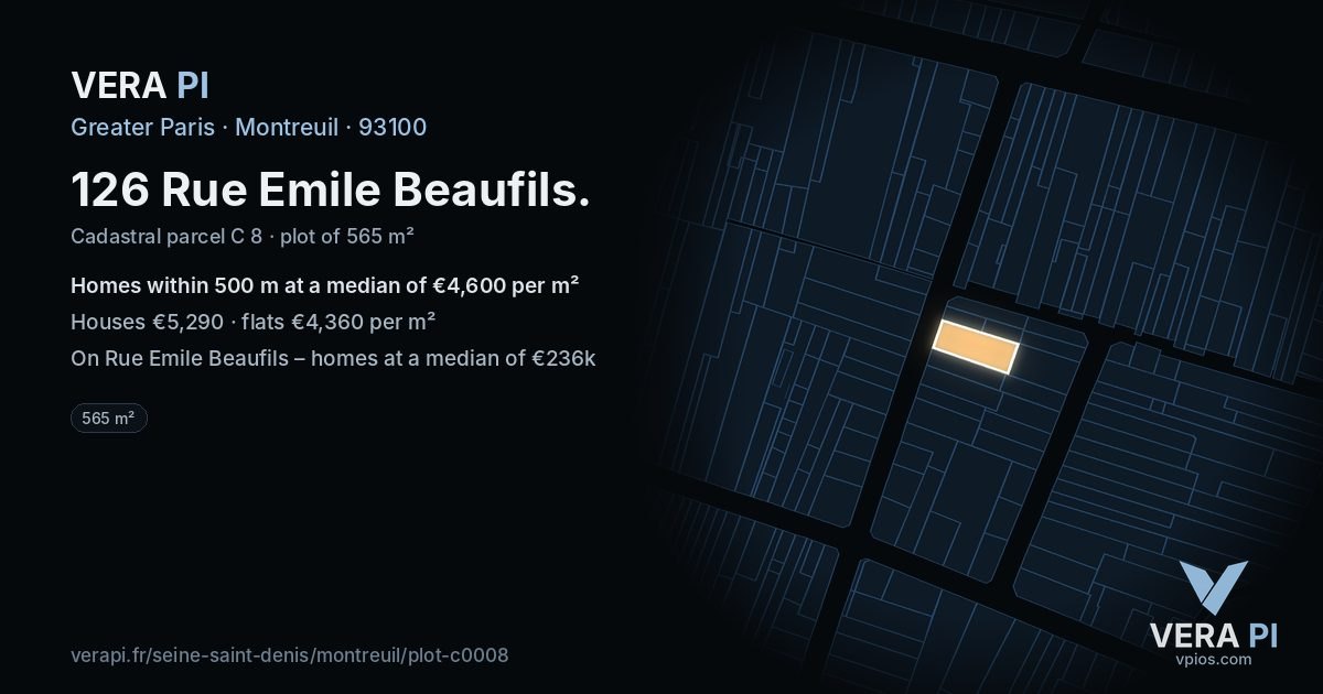 126 Rue Emile Beaufils, Montreuil at night – the plot lit, the parcels around coloured by the prices near them