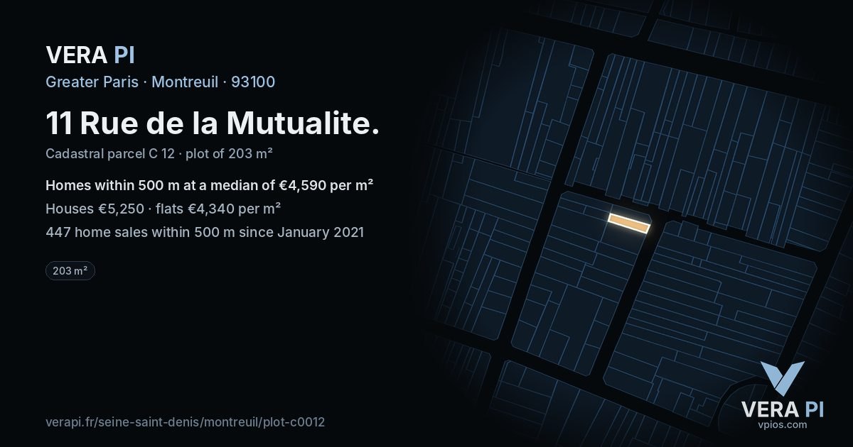 11 Rue de la Mutualite, Montreuil at night – the plot lit, the parcels around coloured by the prices near them