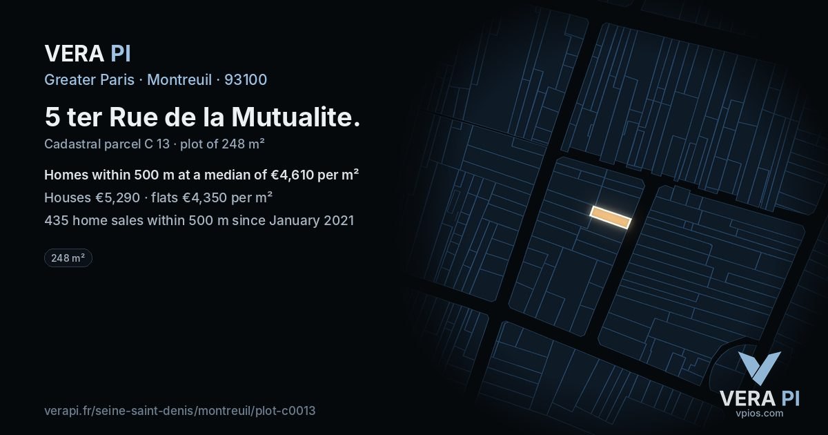5 ter Rue de la Mutualite, Montreuil at night – the plot lit, the parcels around coloured by the prices near them