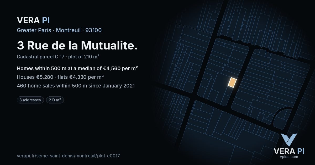 3 Rue de la Mutualite, Montreuil at night – the plot lit, the parcels around coloured by the prices near them