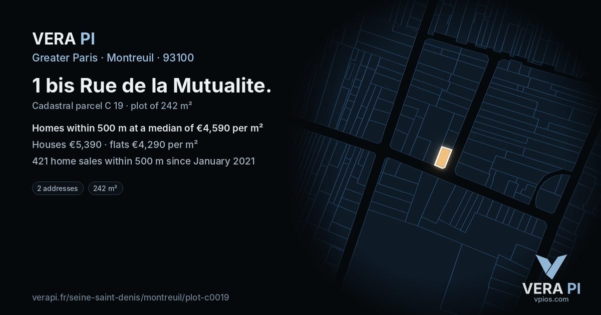 1 bis Rue de la Mutualite, Montreuil at night – the plot lit, the parcels around coloured by the prices near them