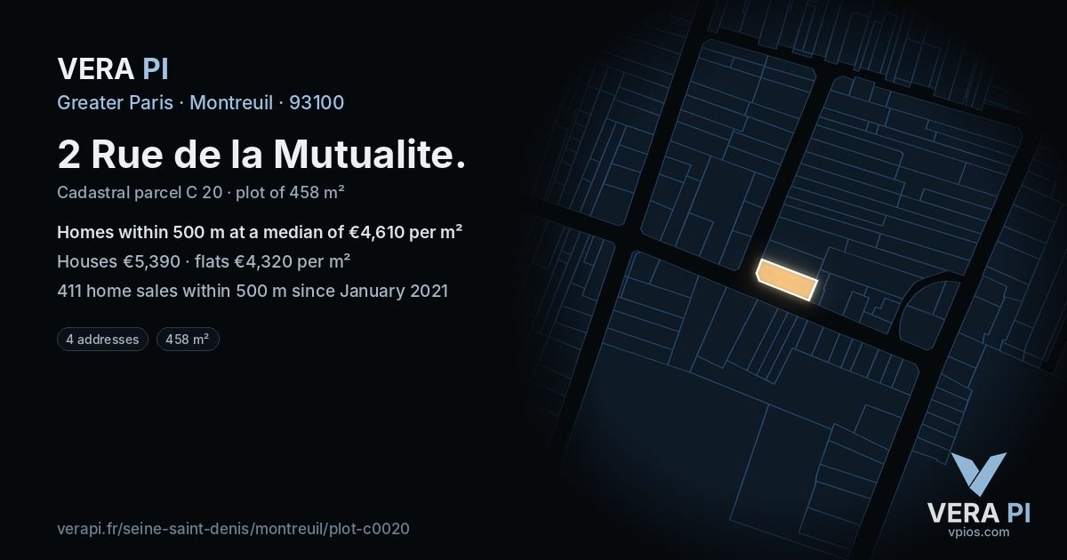 2 Rue de la Mutualite, Montreuil at night – the plot lit, the parcels around coloured by the prices near them