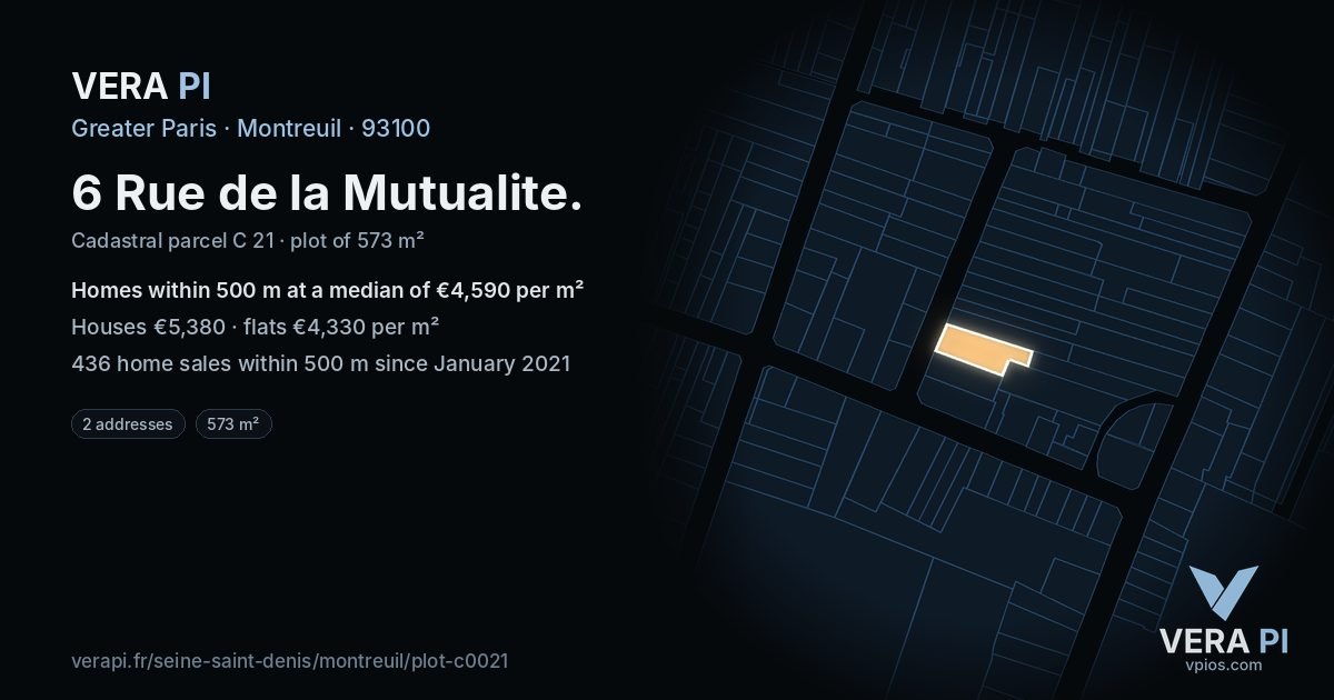 6 Rue de la Mutualite, Montreuil at night – the plot lit, the parcels around coloured by the prices near them