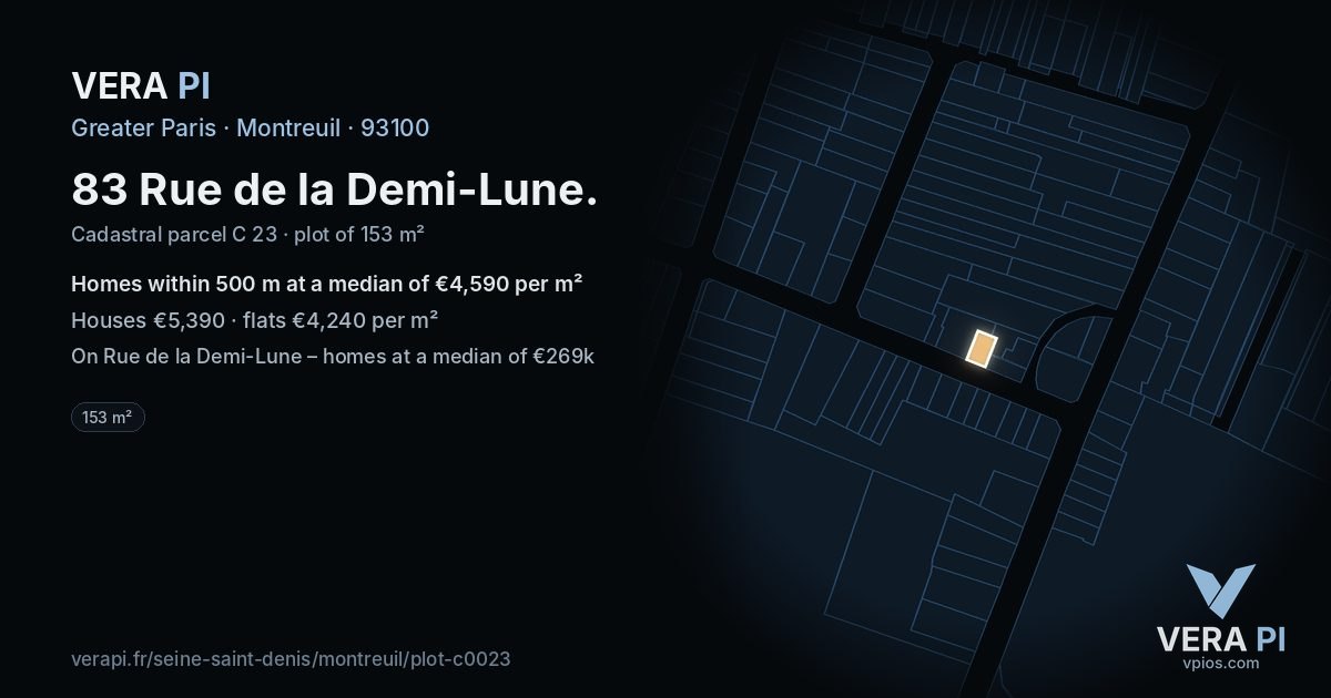83 Rue de la Demi-Lune, Montreuil at night – the plot lit, the parcels around coloured by the prices near them
