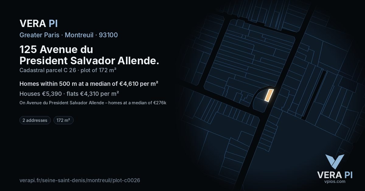 125 Avenue du President Salvador Allende, Montreuil at night – the plot lit, the parcels around coloured by the prices near them