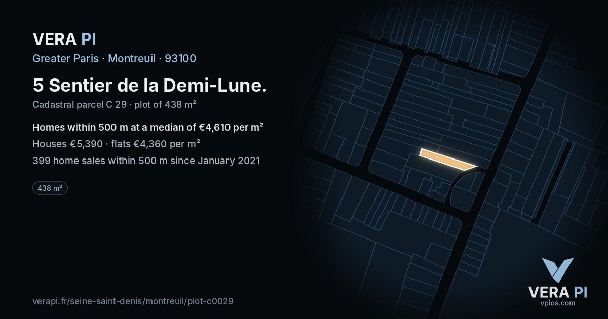 5 Sentier de la Demi-Lune, Montreuil at night – the plot lit, the parcels around coloured by the prices near them