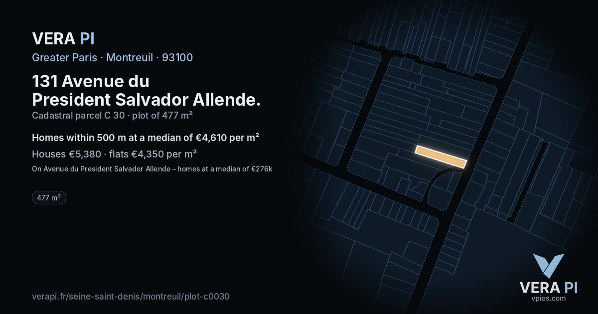 131 Avenue du President Salvador Allende, Montreuil at night – the plot lit, the parcels around coloured by the prices near them