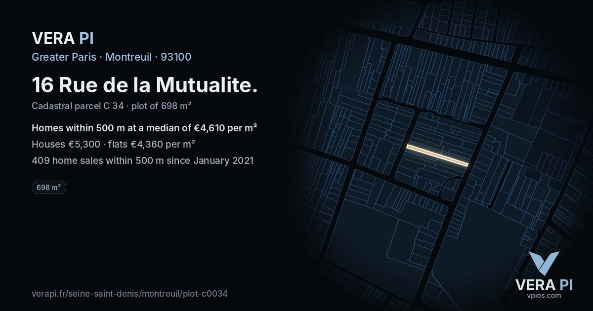 16 Rue de la Mutualite, Montreuil at night – the plot lit, the parcels around coloured by the prices near them