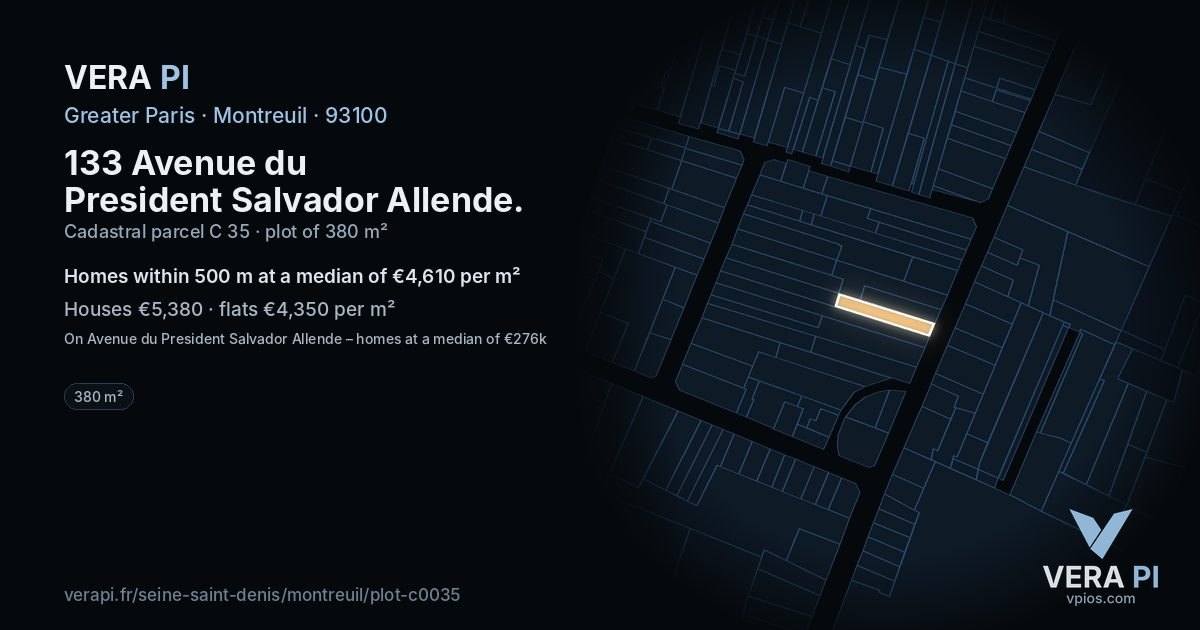 133 Avenue du President Salvador Allende, Montreuil at night – the plot lit, the parcels around coloured by the prices near them