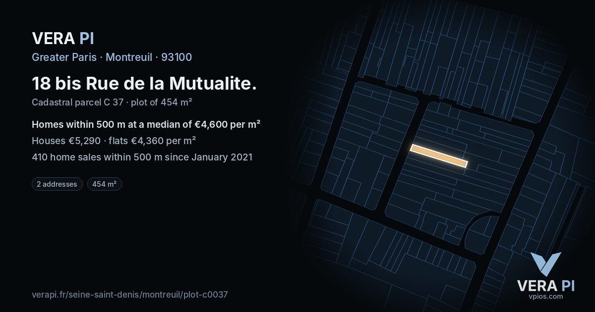 18 bis Rue de la Mutualite, Montreuil at night – the plot lit, the parcels around coloured by the prices near them
