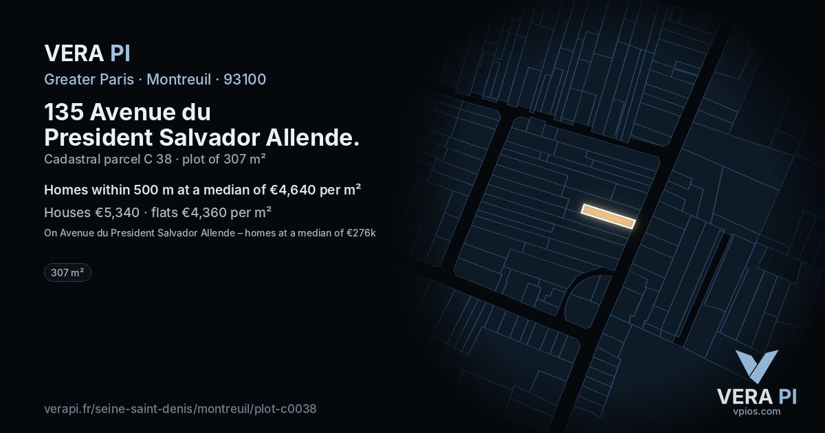 135 Avenue du President Salvador Allende, Montreuil at night – the plot lit, the parcels around coloured by the prices near them