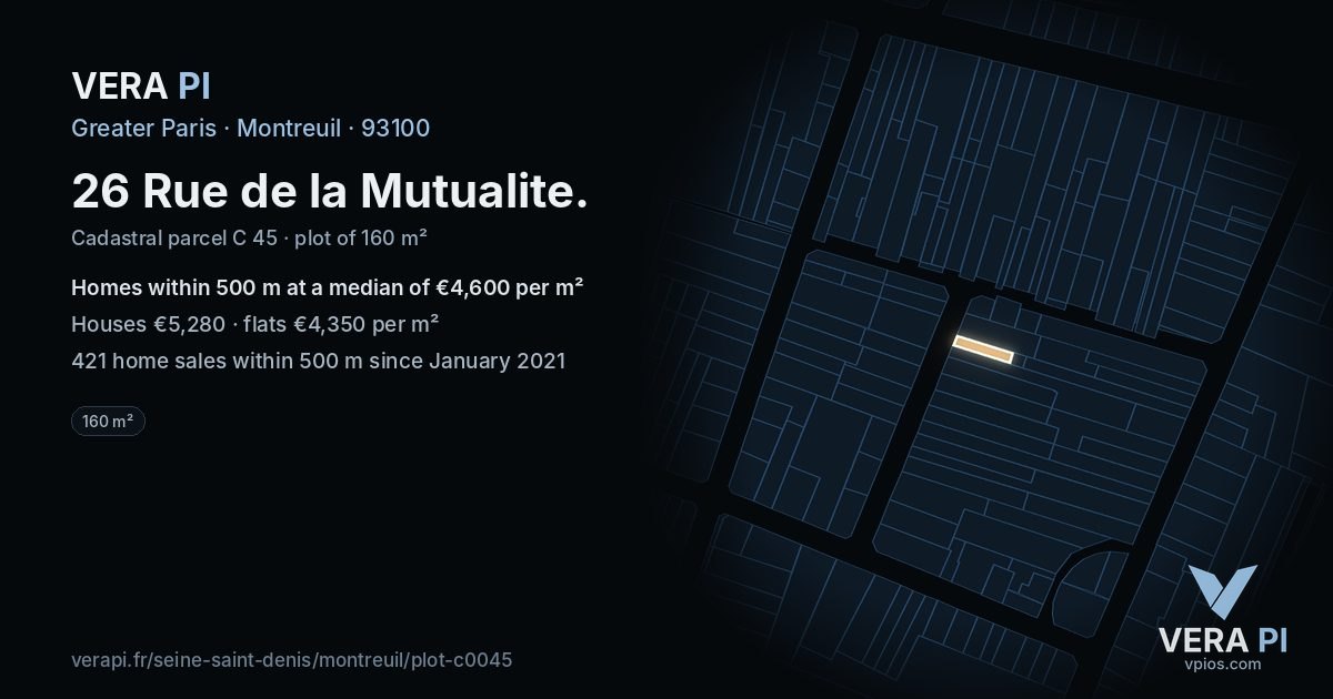 26 Rue de la Mutualite, Montreuil at night – the plot lit, the parcels around coloured by the prices near them