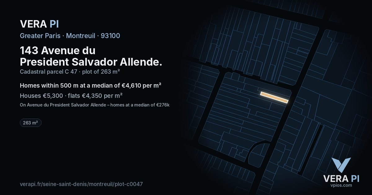 143 Avenue du President Salvador Allende, Montreuil at night – the plot lit, the parcels around coloured by the prices near them