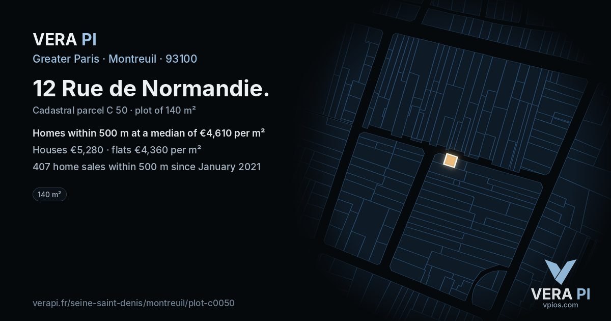 12 Rue de Normandie, Montreuil at night – the plot lit, the parcels around coloured by the prices near them