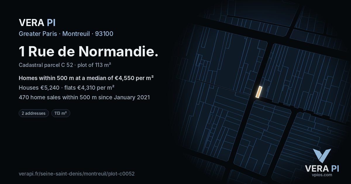1 Rue de Normandie, Montreuil at night – the plot lit, the parcels around coloured by the prices near them