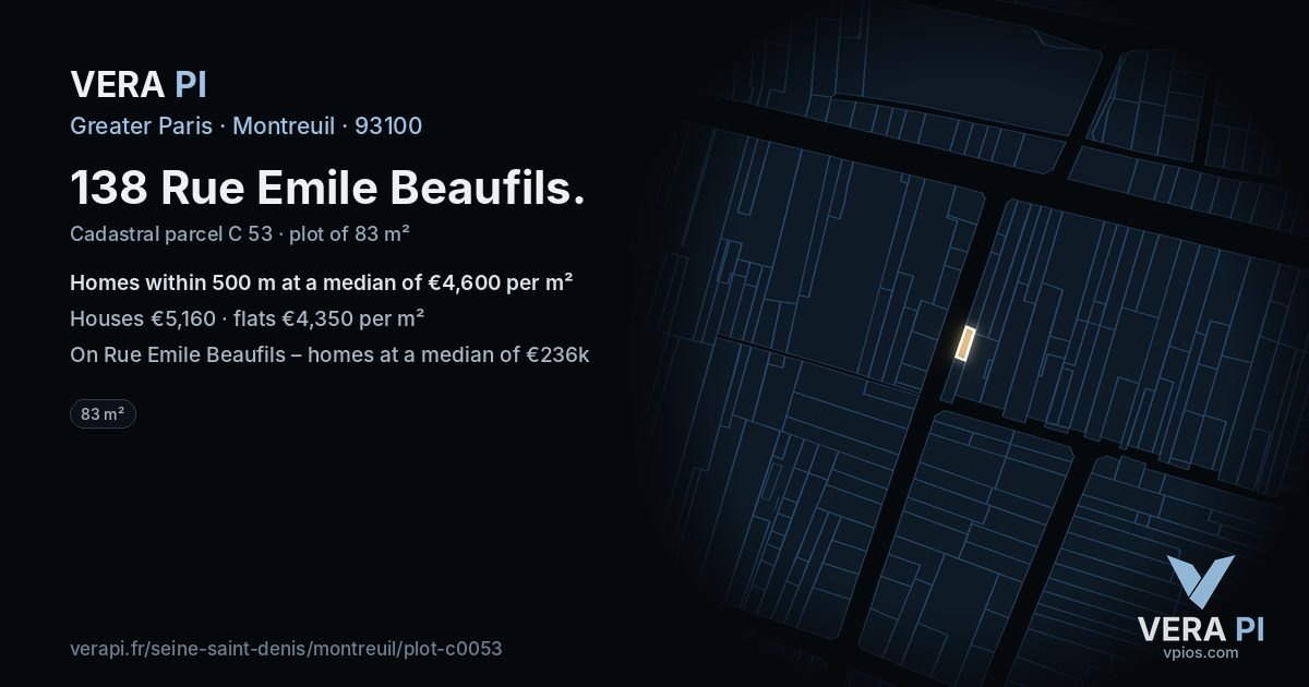 138 Rue Emile Beaufils, Montreuil at night – the plot lit, the parcels around coloured by the prices near them