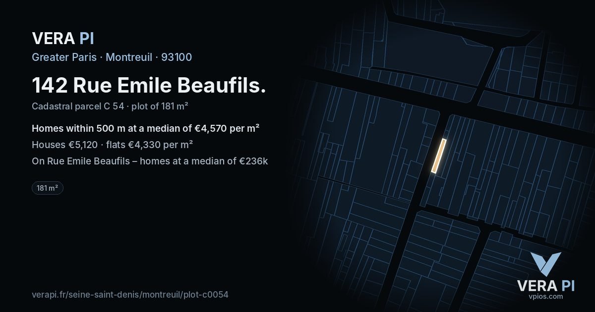 142 Rue Emile Beaufils, Montreuil at night – the plot lit, the parcels around coloured by the prices near them