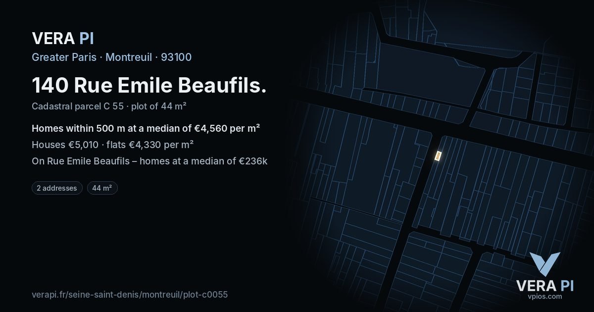 140 Rue Emile Beaufils, Montreuil at night – the plot lit, the parcels around coloured by the prices near them