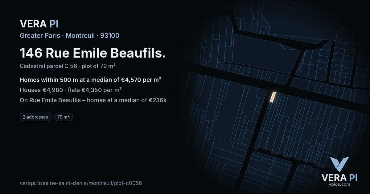 146 Rue Emile Beaufils, Montreuil at night – the plot lit, the parcels around coloured by the prices near them